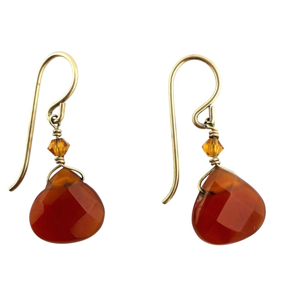 Carnelian Teadrop Gemstone Dainty Delicate Dangle Drop Gold Tone .75" Earrings
